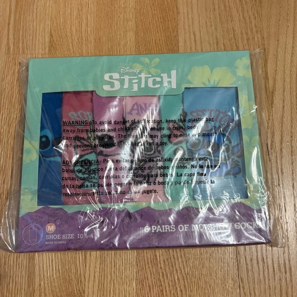 Disney Stitch Kids Socks Set NEW 6 Pairs Angel Sz 10 1/2-4 Pink Blue